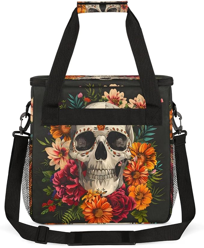 Sugar Flower Skull Floral Gothic Coffee Maker Carring Bag, Large Insulated - Image 5