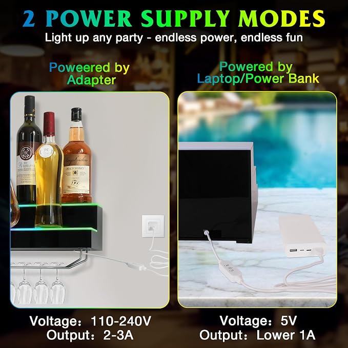 LED Lighted Liquor Bottle Display Shelf Wall Mount Wine Rack, 2 Tiers 24Inch - Image 5