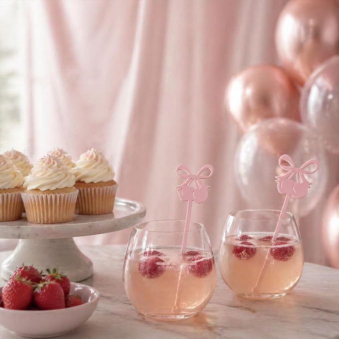 30 PCS 6 Inch Matte Pink Bow Cherry Drink Stirrers, Acrylic Swizzle Sticks - Image 4