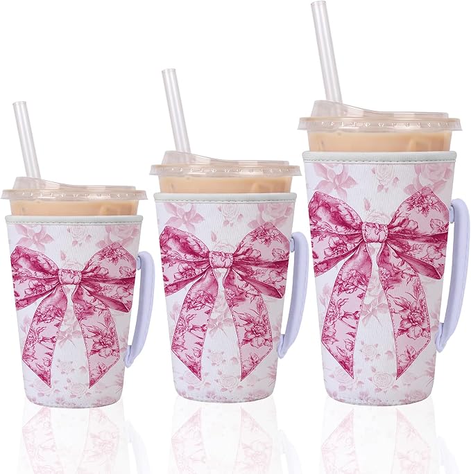 Pink Bow Reusable Insulated Iced Coffee Cup Sleeve, Bow Floral Insulated Cup by Lovarywow