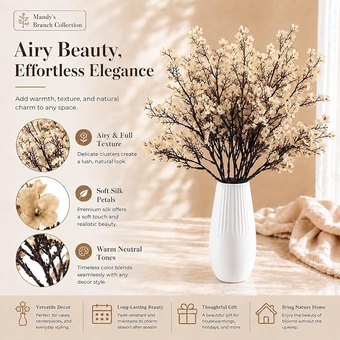 Mandy's 6 Bundles Artificial Champagne Baby’s Breath Flowers | 18.5 Inch Silk - Image 2