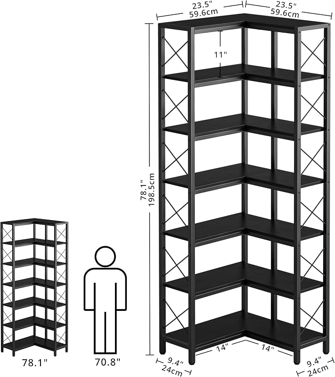 IRONCK Corner Bookshelf, 7-Tier Industrial Corner Bookcase, Tall Corner Shelf - Image 3