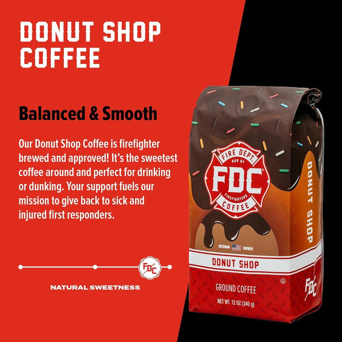 Fire Department Coffee - Gives Back to Firefighters - Donut Shop Coffee Beans - Sweet & Smooth - Medium Roast - Roasted in the USA - Veteran Owned (12 oz, Pack of 2)