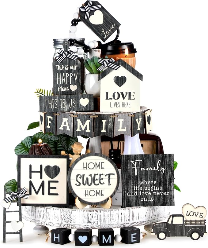 Mifoci 18 Pcs Farmhouse Tiered Tray Decor Home Wooden Signs Rustic Home Tiered by Mifoci