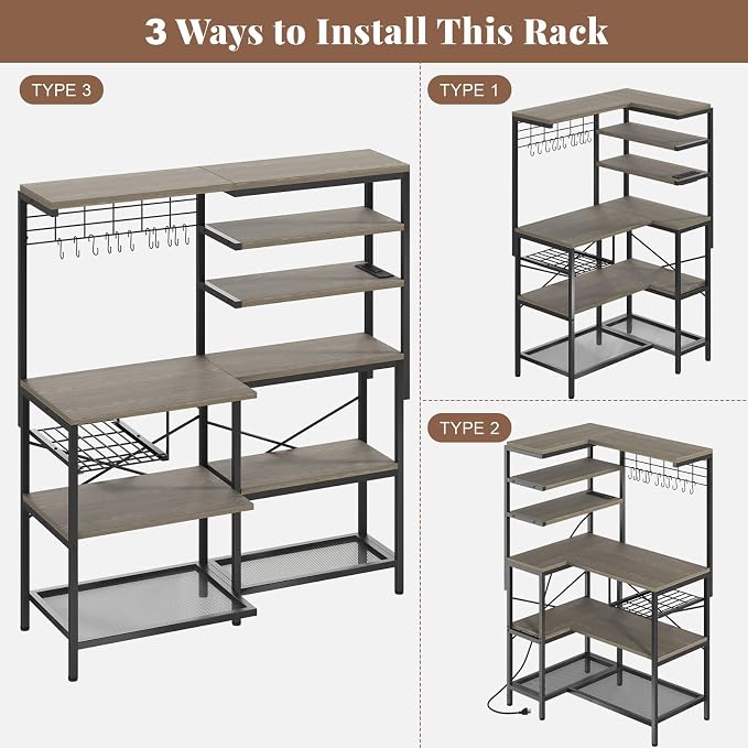 L-Shaped Bakers Rack with Power Outlets, 6-Tier Microwave Stand with Hooks - Image 4