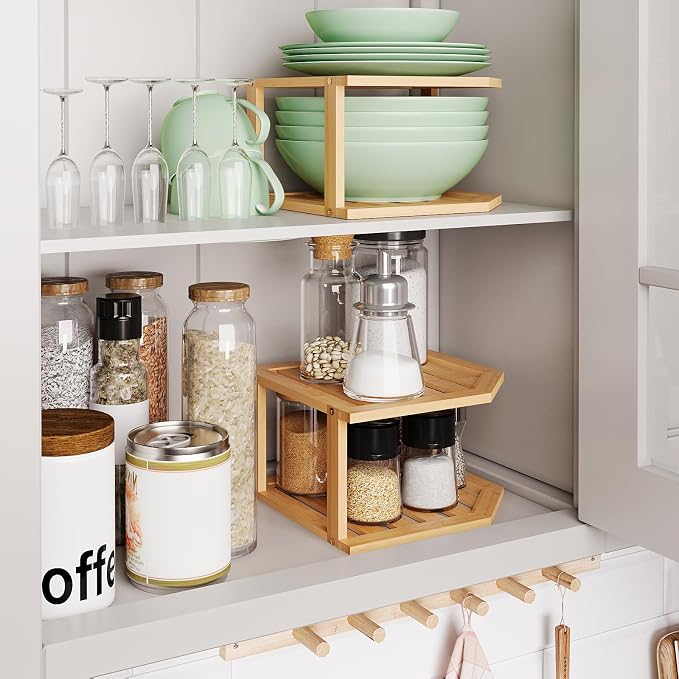 VERTORGAN Bamboo Corner Shelf, 2 Tier Plate Organizer - Image 2