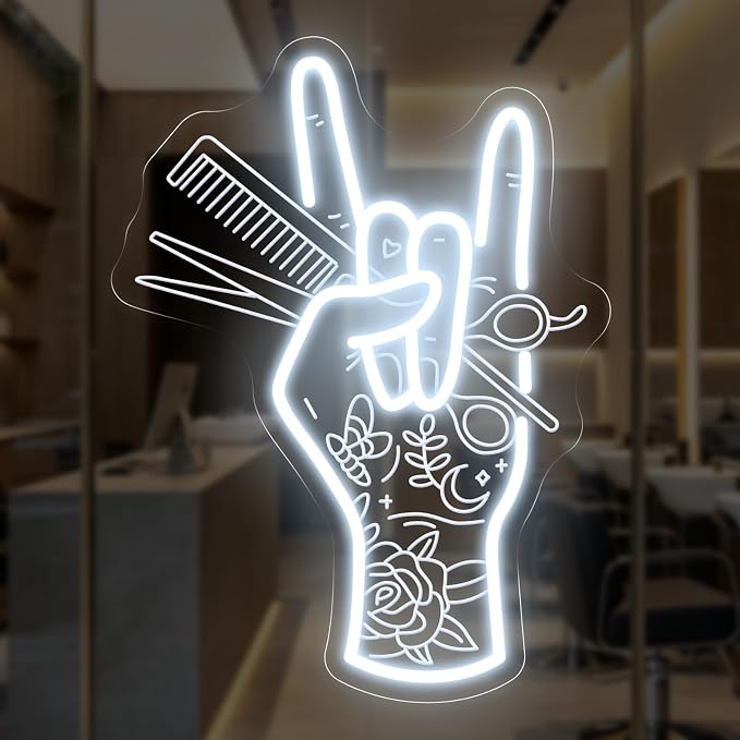 Stylish Hand Holding Scissors and Comb Peace Neon Sign, Hair studio Led by DMDMBSR