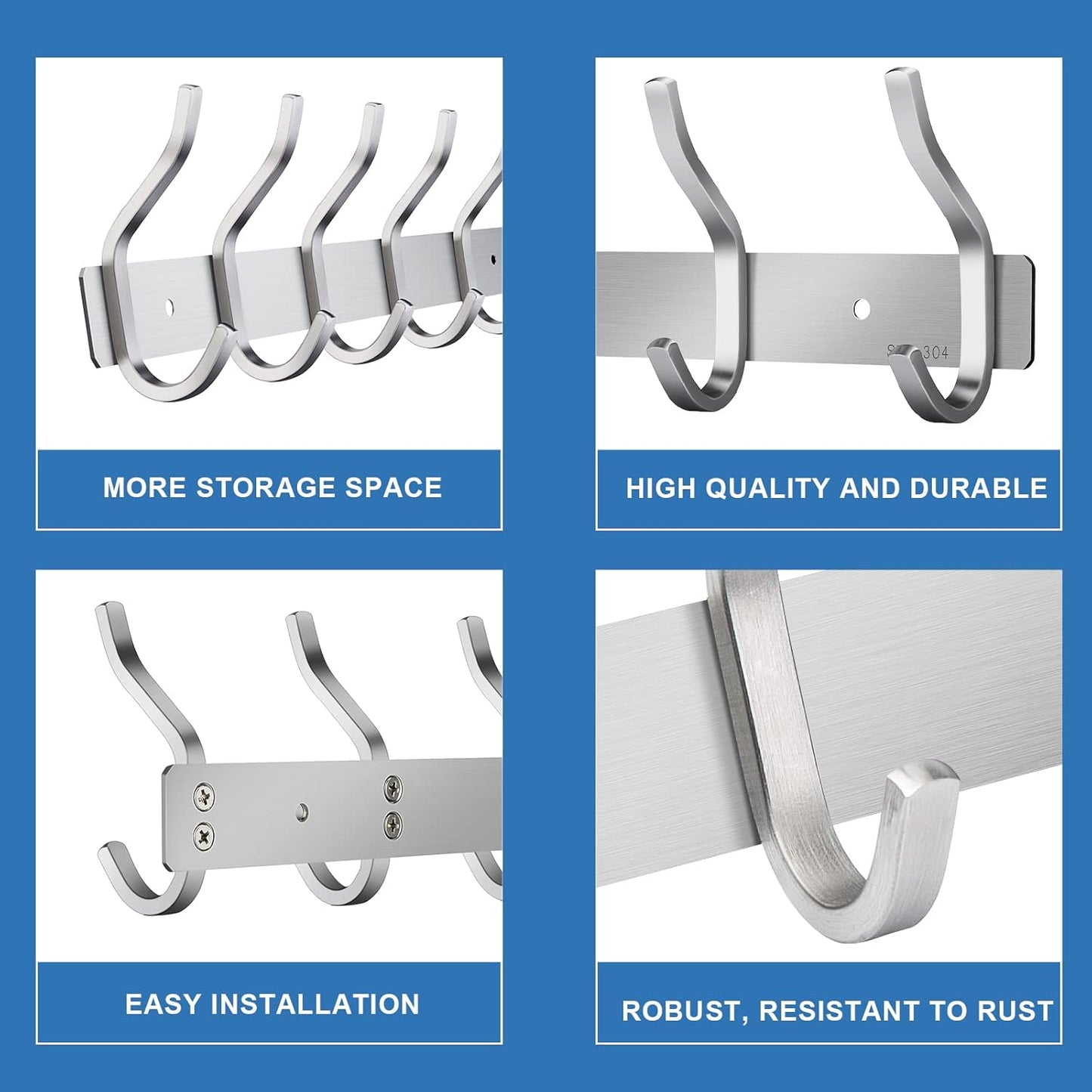 Wall Hooks Heavy Duty, 17 Inch Coat Rack Wall Mount with 6 Hooks, Silver Wall Hooks for Hanging Backpack, Bag, Purse, Clothes, Hat, Coat, Towel | Entryway & Bathroom Storage Organization Hanger