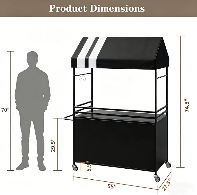 Portable Vendor Cart with Canopy, Outdoor Mobile Food Cart with Wheels - Image 3