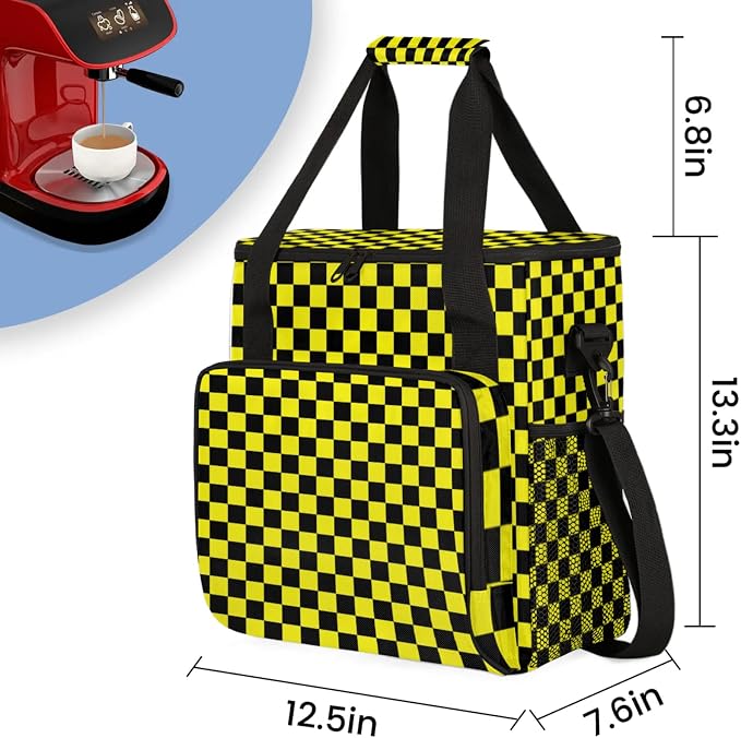 Checkerboard yellow and black Coffee Maker Carrying Bag, Waterproof Insulated - Image 2