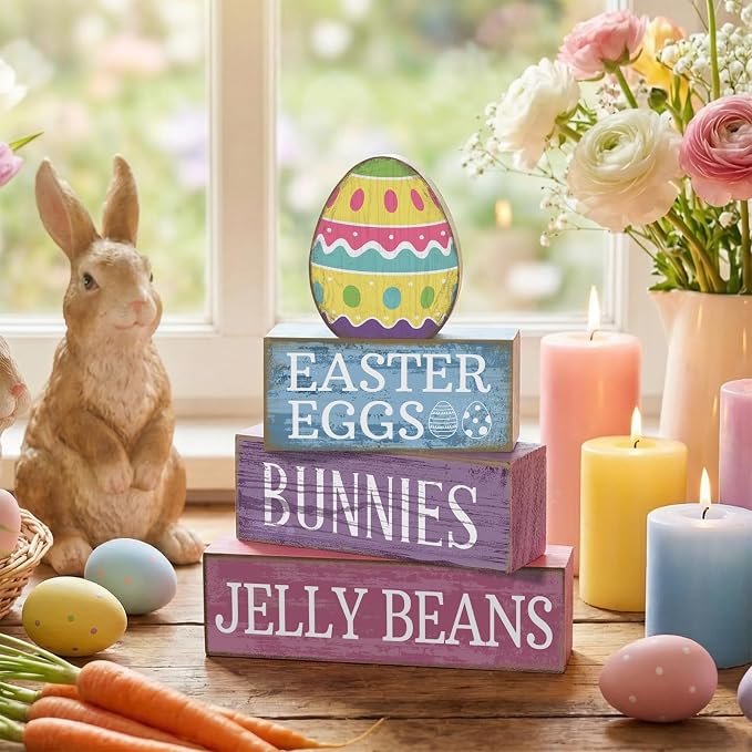 Lineshading 4 Pcs Easter Table Decoration Wooden Pastel Egg - Image 2