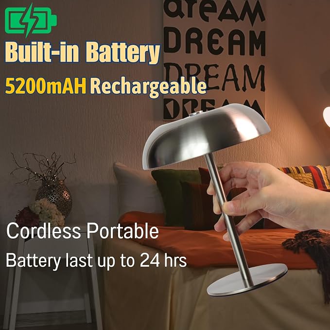 Portable LED Mushroom Table Lamp, 8.46'' Metal Small Cordless Desk Night Light - Image 4