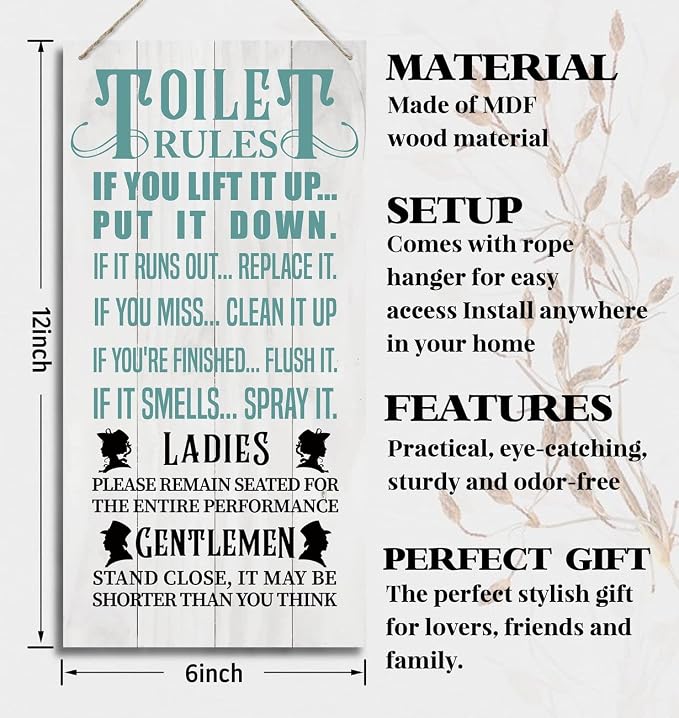 Bathroom Rules Wood Decor Sign, Toilet Rules, Hanging Printed Wooden Plaque - Image 2