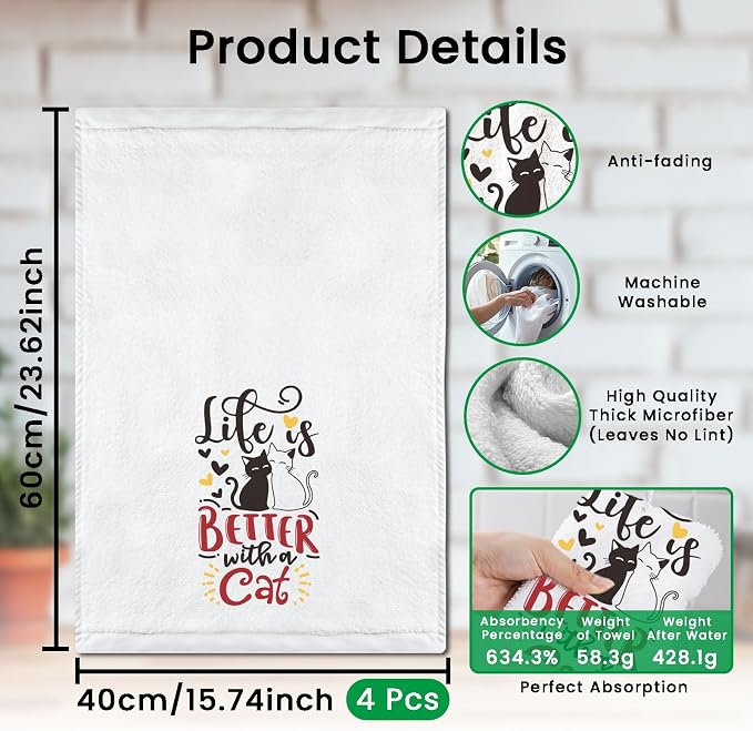 CUTHOLLOW Funny Black Cat Decorative Kitchen Towels Set of 4, 15.74"x23.62" - Image 2
