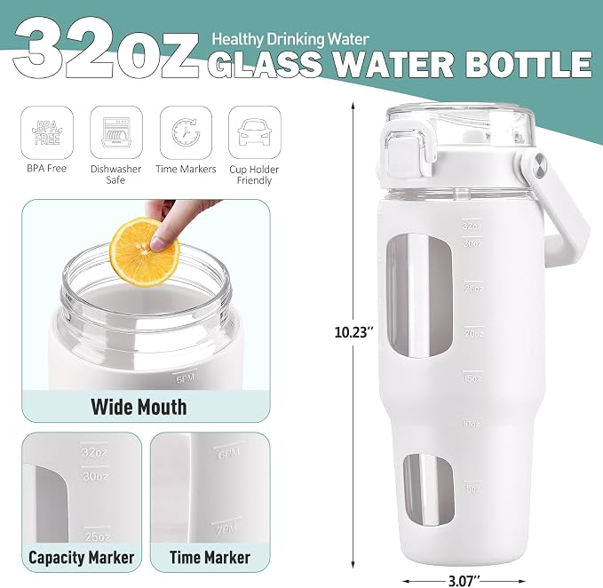 BLUEGO 32oz Glass Tumbler with Lid and Handle, Iced Coffee Cup with Straws - Image 4