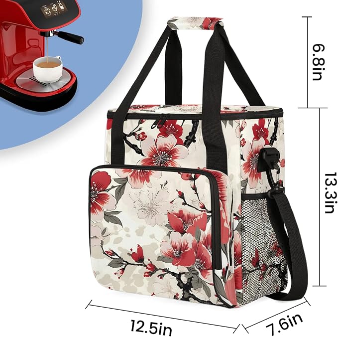 Cherry Blossom Red Pink Floral Coffee Maker Carring Bag, Large Insulated - Image 2