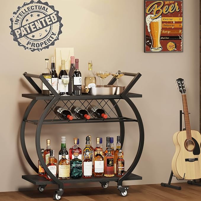 LVB Black Wine Cart with Wheels, Modern Bar Cart with Wine Rack, Industrial - Image 3