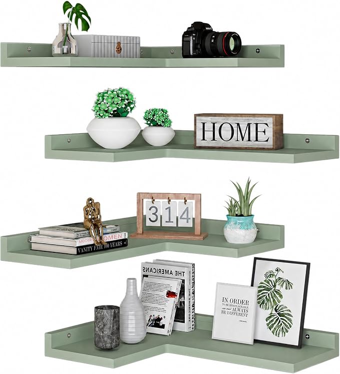4 Tier Floating Corner Shelves Cyan Set of 4, Rustic Pine Wooden Floating - Image 7