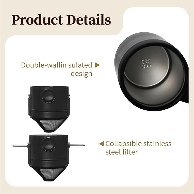 Pour Over Coffee Maker Set 16oz Stainless Steel Insulated Mug Foldable Filter - Image 5