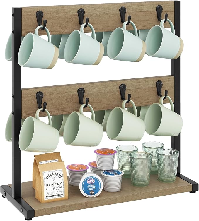 IBUYKE Wood Coffee Mug Holder for Countertop, 16 Hook Mug Tree Holder Rack by IBUYKE