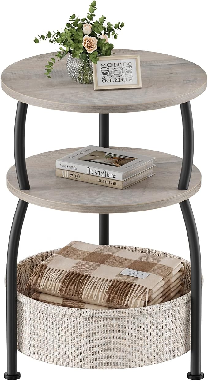 Round Side Table with Storage Basket, End Table Living Room, Greige | Round End by designyourhome