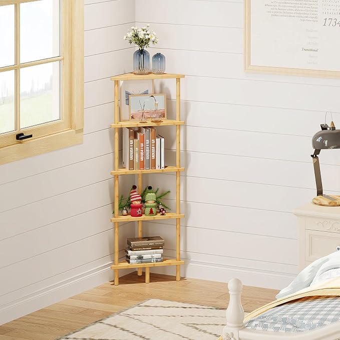 HOOBRO Corner Shelf Stand, 5-Tier Bamboo Corner Bookshelf, Plant Display Shelf - Image 8