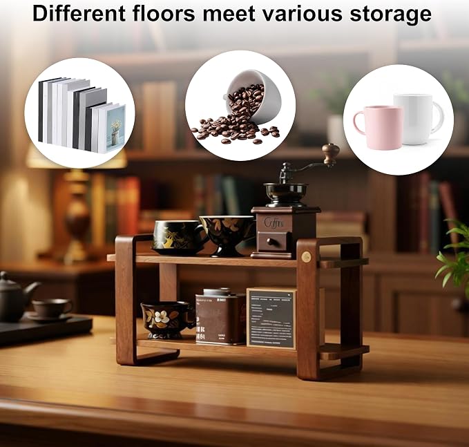 Coffee Station Organizer for Kitchen Countertop Mug Holder 2 Tier Wooden Cup - Image 5