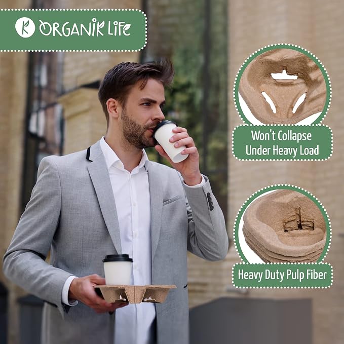 2 Cup Carrier Tray, No-Mess Disposable Cup Holder Tray, Biodegradable, - Image 4