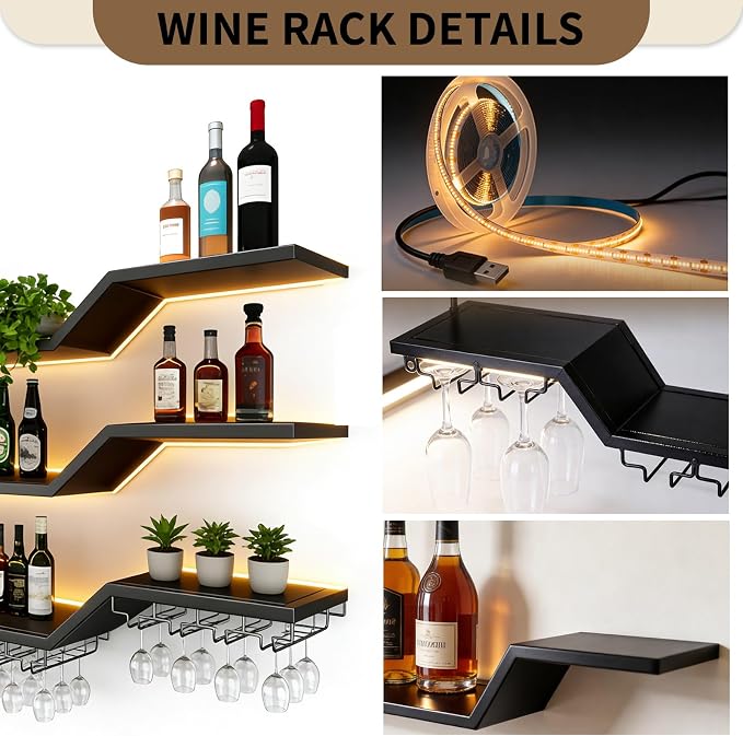 78.7-inch/200cm Metal Wall Mount Wine Rack, 3-tiers Modern Wall Bar Shelf - Image 4