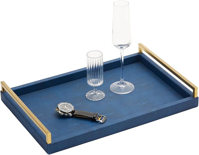 Navy Blue Ottoman Shagreen Leather Coffee Table Tray - Image 6