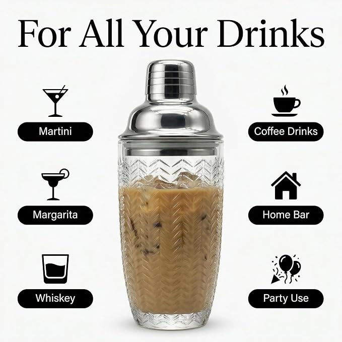 V-Cut Glass Cocktail Shaker 15oz | Leakproof, Stainless Lid, Upgrated Silicone - Image 9