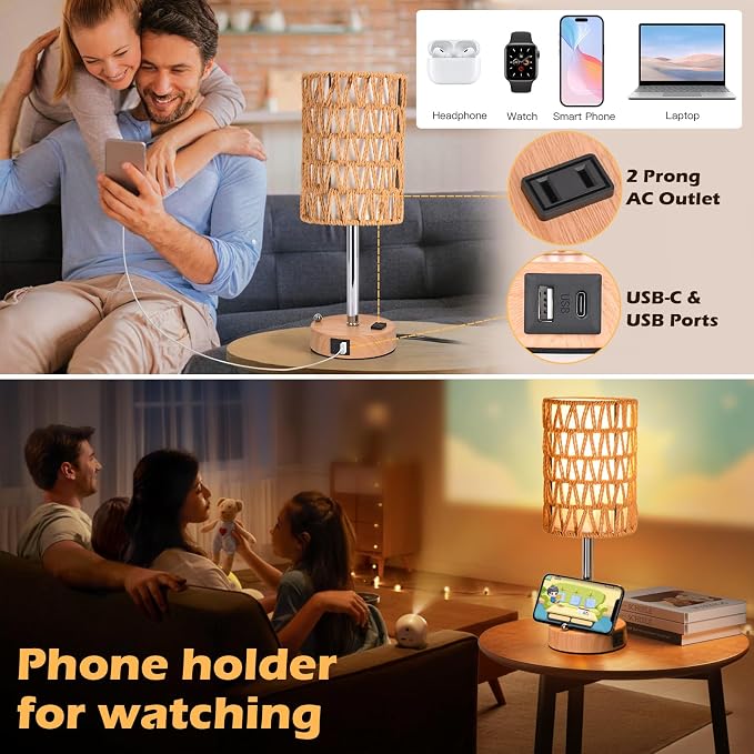 Rattan Table Lamps for Living Room, 3 Way Dimmable Touch Lamps, Small Bedside - Image 4