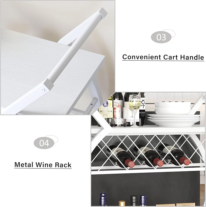 LVB White Bar Cart, Modern Rolling Serving Wine Cart - Image 9