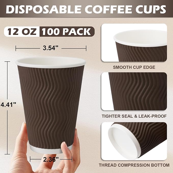 Clawsoff 100 Pack 12 oz Coffee Cups Disposable, Corrugated Ripple Wall Design - Image 2