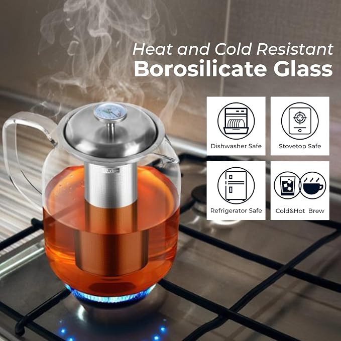 Aquach 68oz Glass Teapot with Thermometer, Stovetop Safe Tea Pot | Dishwasher - Image 3