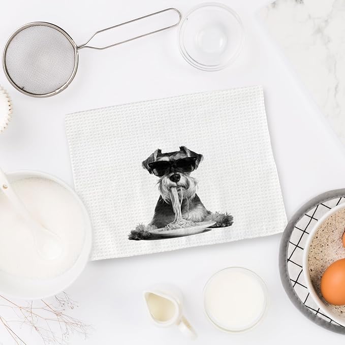 Schnauzer Gifts Funny Dog Kitchen Towels Set of 2, Dog Eating Pasta - Image 6