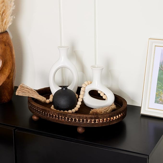 Wooden Decorative Tray-16×11.8in Wood Beaded Coffee Table Decor Tray, Rustic - Image 6