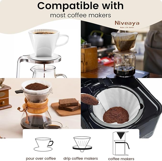 Niveaya Coffee Filters 200 Count, Natural Paper Coffee Filter 8-12 Cup - Image 3
