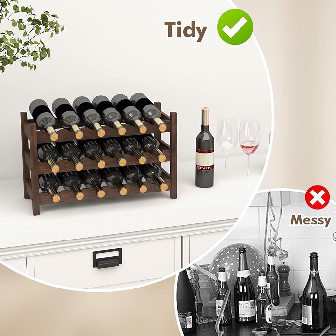 Giantex Bamboo Wine Rack, 3-Tier 18 Bottle Wine Storage Cabinet Shelf, Small - Image 5