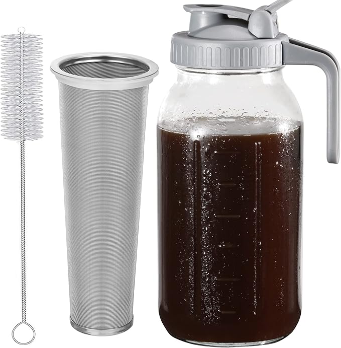 Cold Brew Coffee Maker Pitcher, 64 Oz Heavy Duty Wide Mouth Glass Mason Jar by Glyntrof