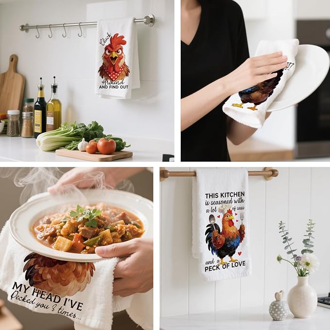 CUTHOLLOW Humorous Words & Chicken Decorative Kitchen Towels Set of 4, - Image 4