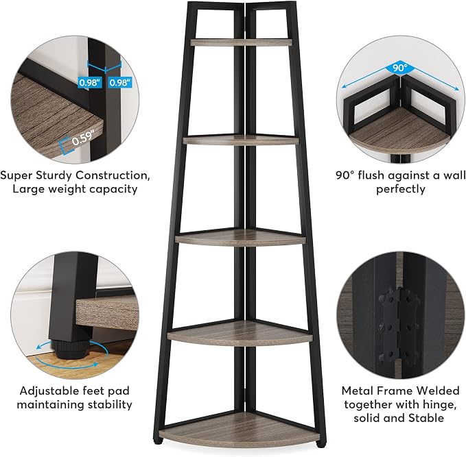 Tribesigns 70 inch Tall Corner Shelf, 5 Tier Industrial Corner Bookshelf - Image 8