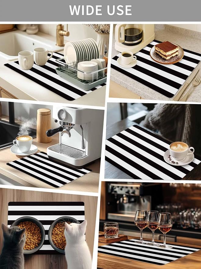 Black and White Stripes Coffee Mat Classic Geometric Absorbent Bar Mat - Image 8