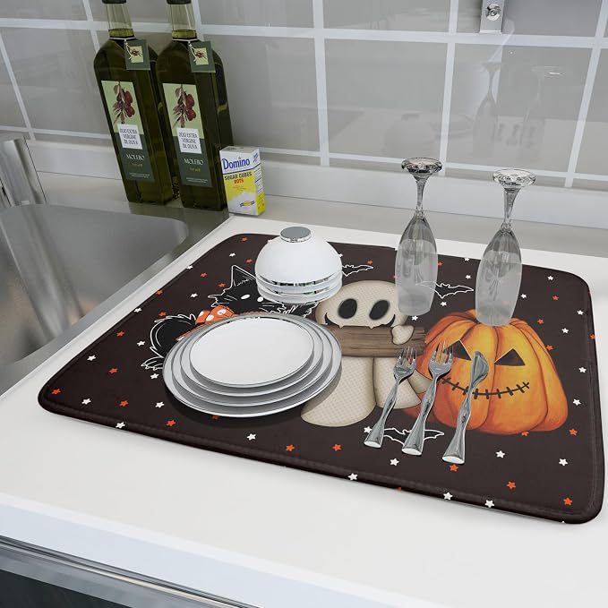 Giwawa 18"x24" Halloween Dish Drying Mat Spooky Pumpkin Ghost Black Cat Bats - Image 6