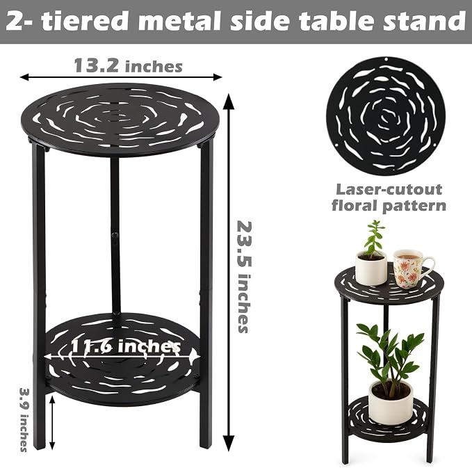 2-Tier Metal Round Side Table Black Accent Coffee Tables Small Space Corner - Image 3