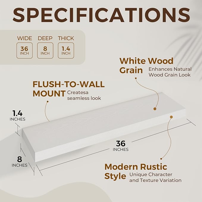 Dreamland 36 Inch Long Floating Shelves in White, 8 Inch Deep Floating Shelf - Image 4