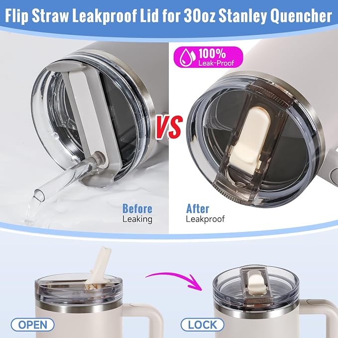 30oz Flip Straw Lid for Stanley Quencher H2.0 Tumbler, 2 Pack Leak Proof Lid - Image 4