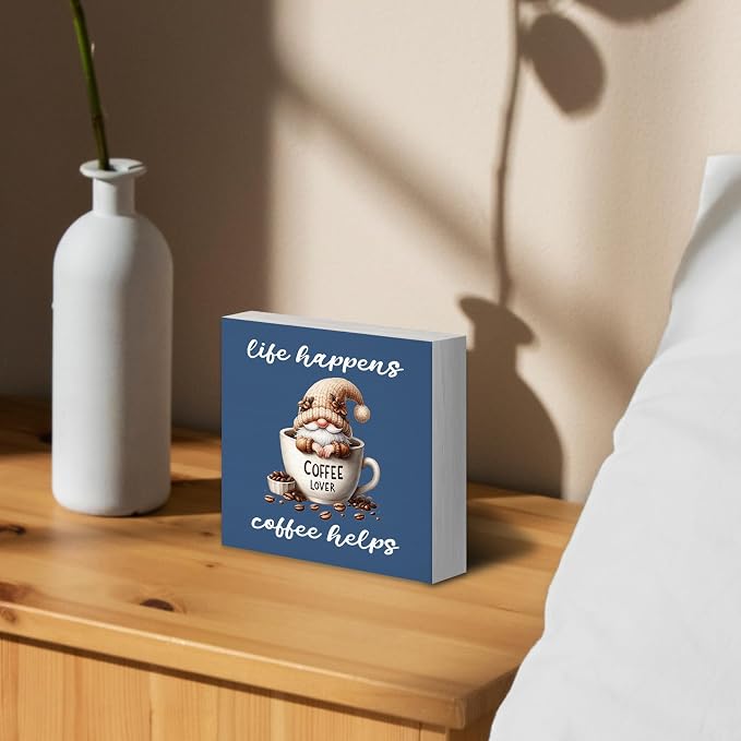 Rustic Coffee Gnomes Blue Wood Box Sign Desk Decor, Drink Lovers Gift Life - Image 3