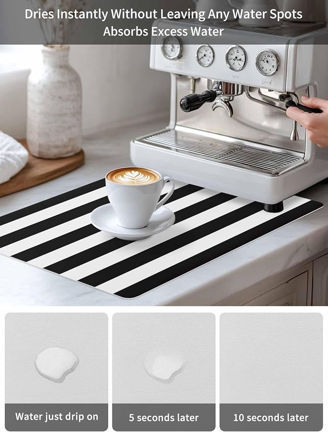 Black and White Stripes Coffee Mat Classic Geometric Absorbent Bar Mat - Image 6