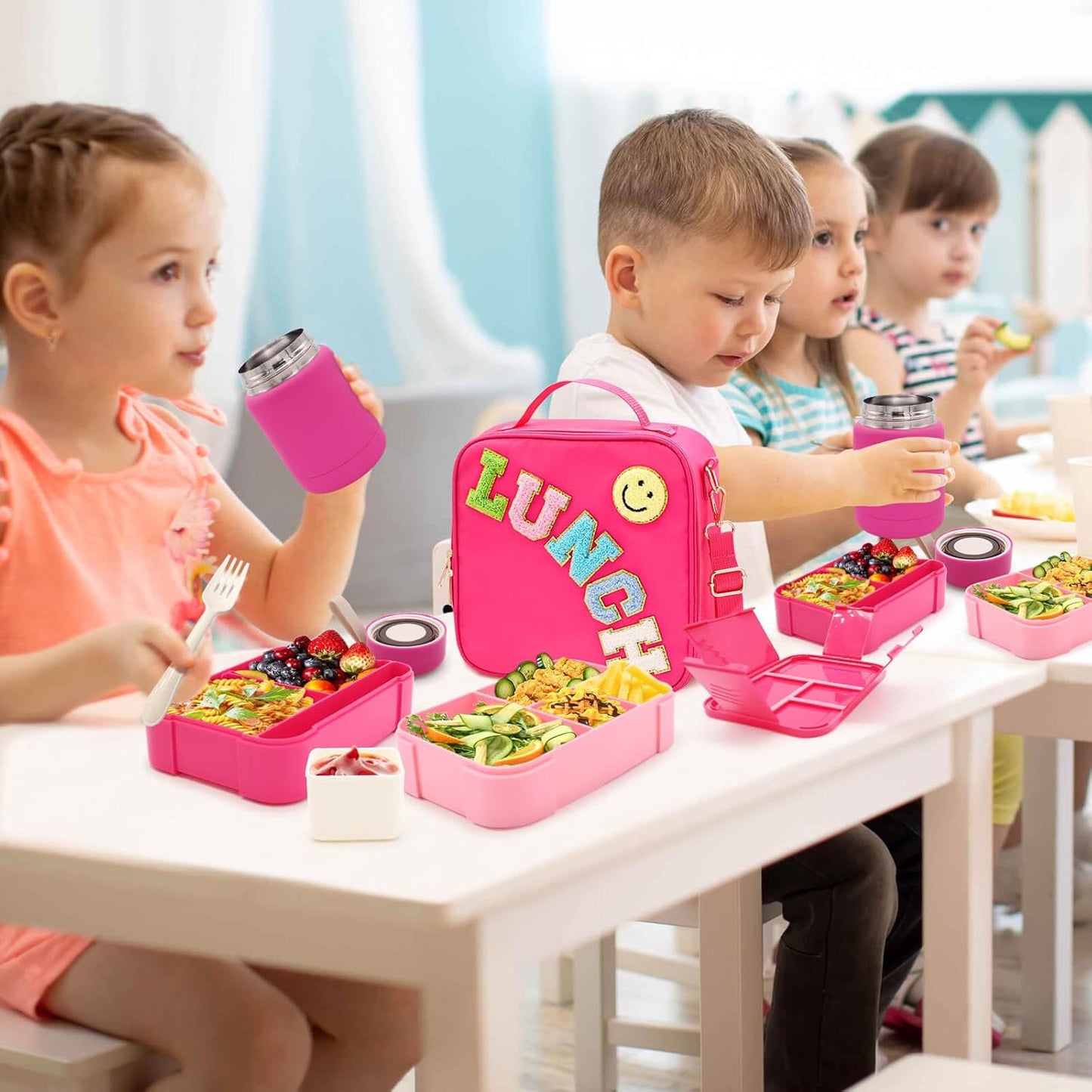 Bento Lunch Box Set for Kids with 10oz Thermo Food Jar, Leak-Proof Lunch Containers with 6 Compartment, Nylon Preppy Lunch Bag with Adjustable Strap for Girls School Travel Picnic